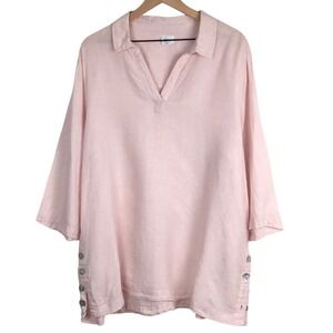 SIGRID OLSEN 100% Linen Tunic Top Sz 1X Pink 3/4 Sleeve Button Side Split Neck